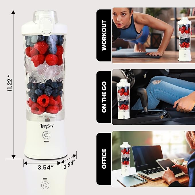 Total Chef Portable Blender - USB Rechargeable Personal Smoothie Mixer, Protein Shake Maker, Cordless Travel Mini Licuadora, Blend Frozen Fruit, Drink Milkshake On The Go,Ice Crusher 20 OZ, White