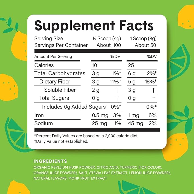 Bellway Super Fiber Powder + Fruit, Sugar Free Organic Psyllium Husk Powder Fiber Supplement for Regularity, Bloating Relief & Gut Health, Non-GMO, Plant-Based, Lemon Lime (50 Servings)