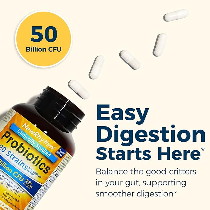 NewRhythm Probiotics 50 Billion CFU 20 Strains, 120 Veggie Capsules, Targeted Release Technology, Stomach Acid Resistant, No Need for Refrigeration, Pack of 1, Non-GMO, Gluten Free