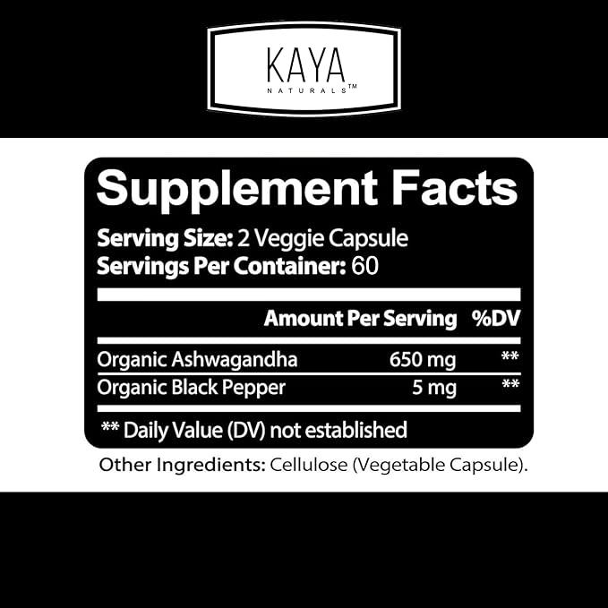 Kaya Naturals Organic Ashwagandha 1300mg, 120 Count Capsules for Stress Relief, Adrenal, Mood & Thyroid Support, Black Pepper and 100% Pure Ashwagandha -120 Capsules