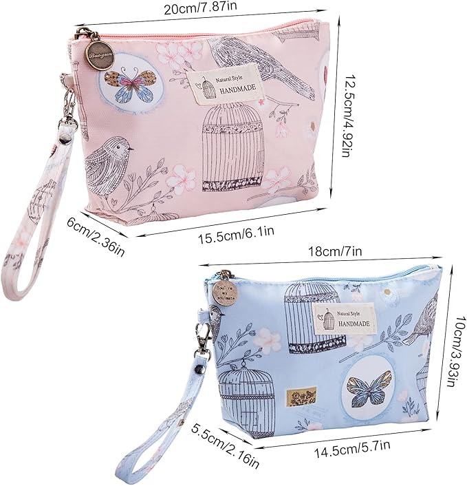 Qikuver Canvas Cosmetic Bags, 2 Pieces Cosmetic Bags for Women, Makeup bag Cute Cosmetic Bag Organizer Small Mini Makeup Pouch for Purse Toiletry Bag
