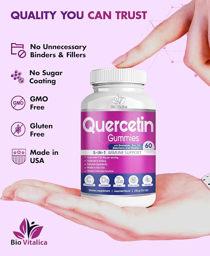 BIO VITALICA Quercetin Gummies by BioVitalica - Quercetin with Bromelain Vitamin C and Zinc & Elderberry + Vitamin D3-5 in 1 Immune Support - Zinc Quercetin 750 mg for Kids and Adult (4, Quercetin)