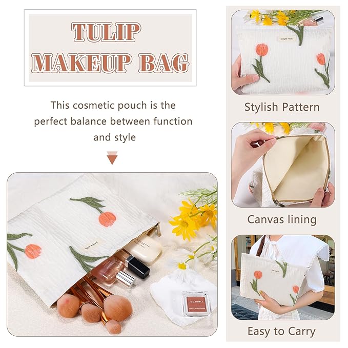 ZLFSRQ Tulip Makeup Bag for Women Floral Cosmetic Pouch for Purse Zipper Cosmetic Bags Large Capacity Quilted Canvas Cute Aesthetic Flower Makeup Bags Gift Travel Toiletry Makeup Organizer