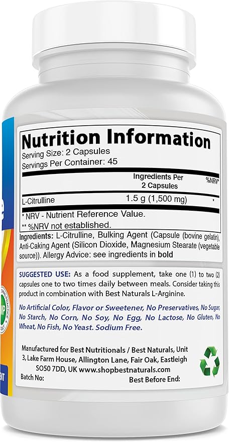 Best Naturals L-Citrulline Capsules - 1500mg/Serving - Non-GMO - Gluten Free - 90 Capsules (90 Count (Pack of 3))