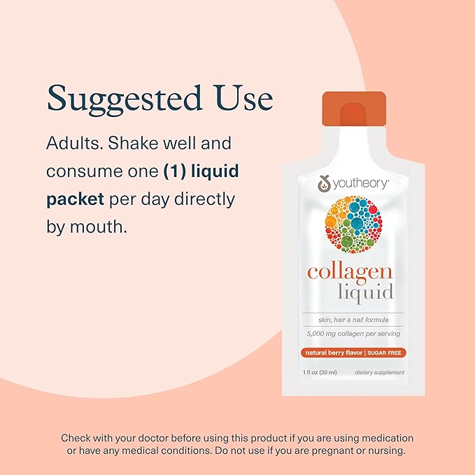Youtheory Collagen Liquid - 5,000 mg Hydrolyzed Collagen - for Hair, Skin & Nails* - Sugar, Dairy & Soy Free - Berry Flavor - 12 Single Serving Packets