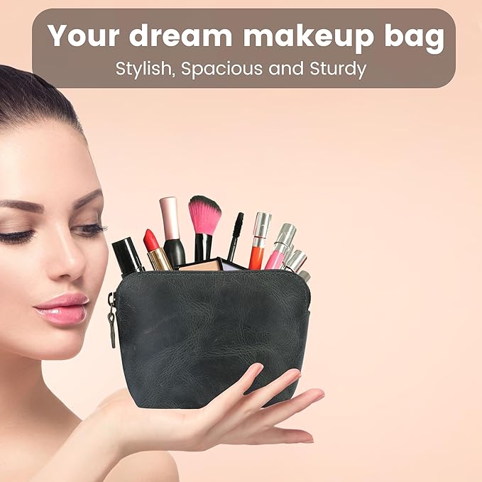 Genuine Leather Cosmetic Case For Women Handmade (Wine Red) Small Makeup Bag for Purse Zipper Pouch - Makeup Essentials Organiser Mini Cosmetic Bag For Purse, Cosmetic Case Makeup Holder Bag