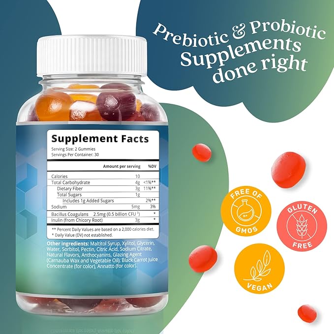 BeLive Synbiotics - Probiotic & Prebiotic Fiber Gummies – High Strength Inulin (3g), Dietary Fiber Supplement, Digestive Support for Kids & Adults - Strawberry, Lemon, Blueberry Flavor (60Ct)