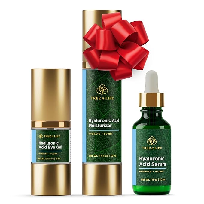 NEW LOOK | Tree of Life Hyaluronic Acid Hydrating Set for Face, Serum (1 Oz), Moisturizer Cream (1.7 Oz), Vitamin C Eye Gel, (0.5 Oz), Facial Tightening Lift, Clean Dermatologist-Tested Skin care