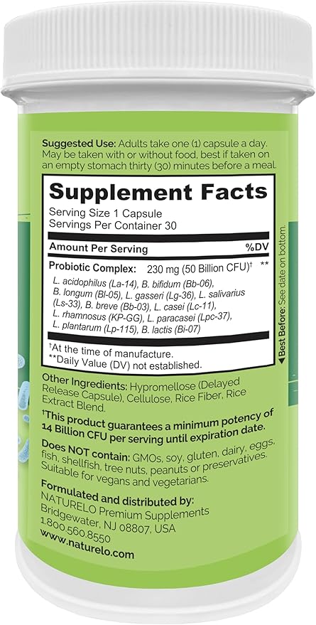 NATURELO Probiotics for Digestive Health - 50 Billion CFU, 11 Strains Daily Supplement - Boosts Immune System, Delayed Release, 30 Vegetarian Capsules