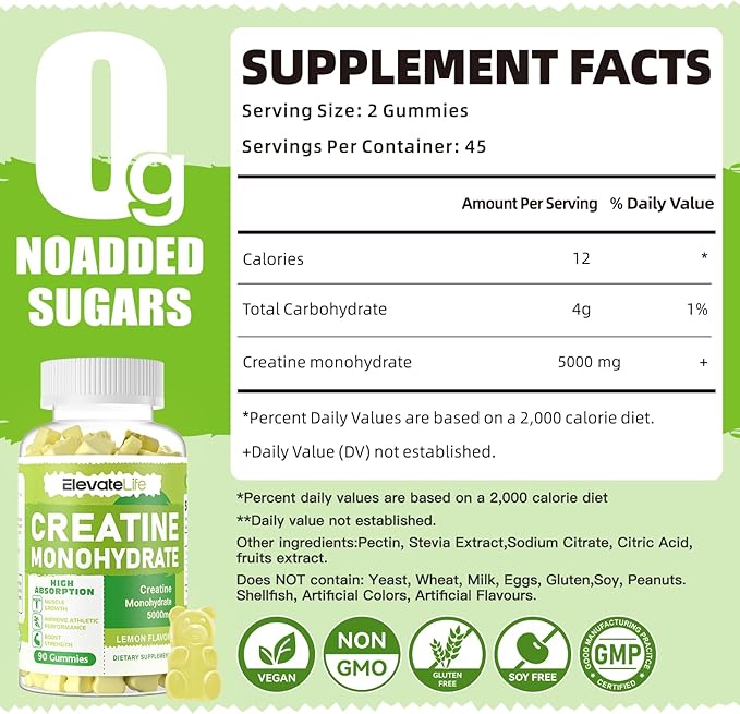 Creatine Monohydrate Gummies 5g for Men Women - Sugar Free Chewable Supplement. 90 Gummies Lemon