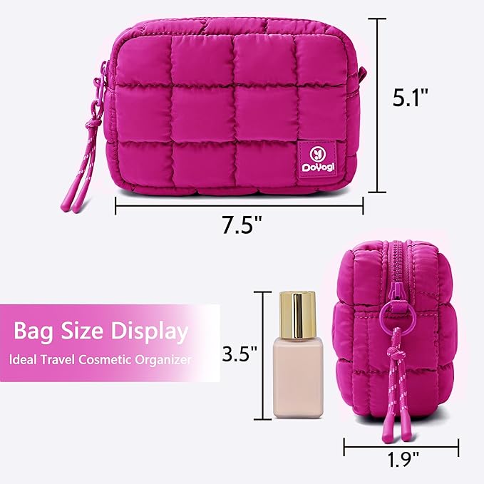 Quilted Cosmetic Bag, Puffer Makeup Bags, Crossbody Purses for women,Cute Travel Toiletry Bag for Women (Rose Red)