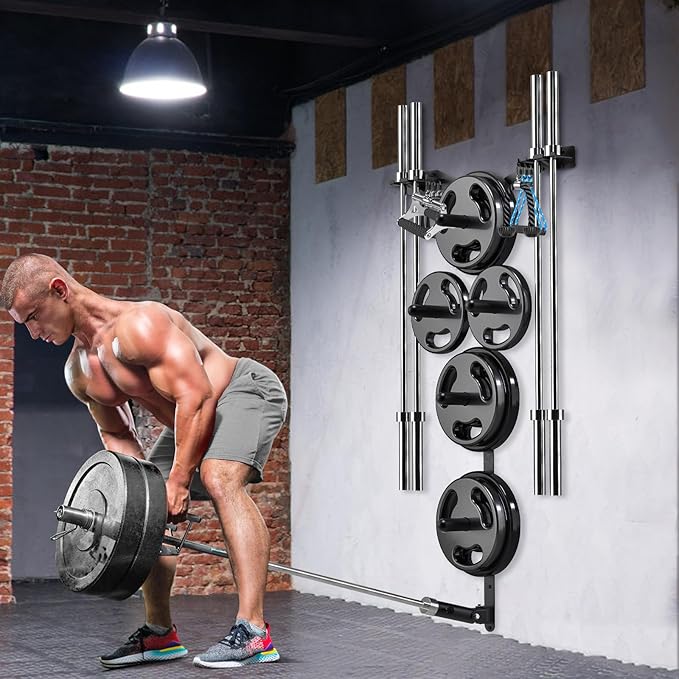Wall Mounted Weight Plate Rack, Heavy Duty Olympic Barbell Holder & T Bar Row Landmine Attachment, 6 Hook Holes, 5 Pegs & 4 Barbell Storage, Space-Saving Home Gym Organizer