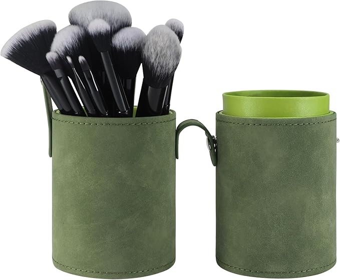 Portable Makeup Brush Case,Pu Leather Makeup Brush Holder with Button,Travel Cup Storage Dustproof Makeup Cosmetic Bags for Women (Grass green)