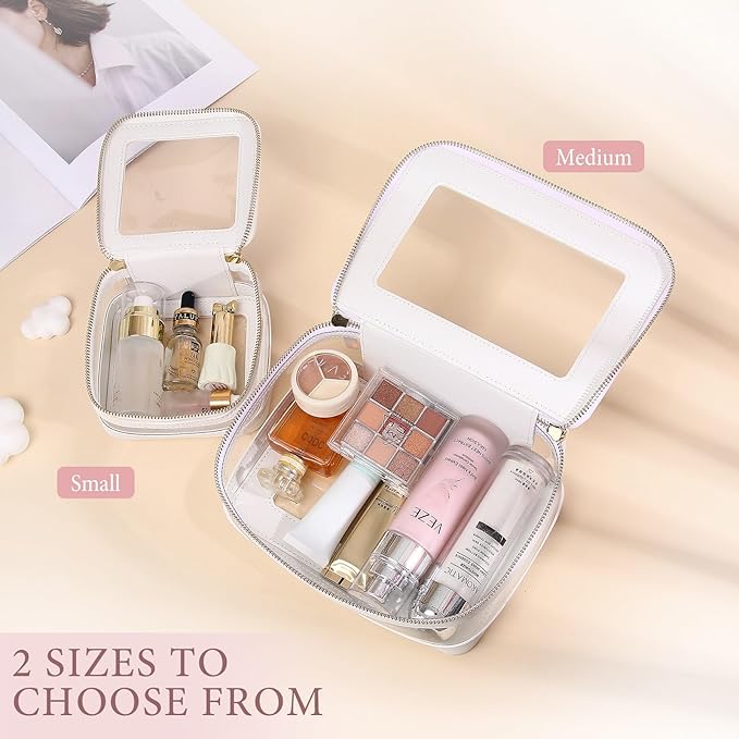 Clear Makeup Bag with Zipper Waterproof Travel Makeup Set for Cosmetics and Toiletries Women's Purse Organizer and Car Essentials (White, M+MINI)
