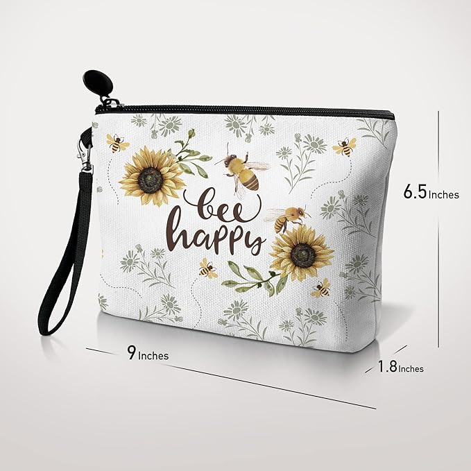 Hglian Bee Makeup Bag Inspirational Cosmetic Toiletry Organizer Bags Cute Sunflower Zipper Pouch for Purse Birthday Gifts for Women Girls-Bee Happy