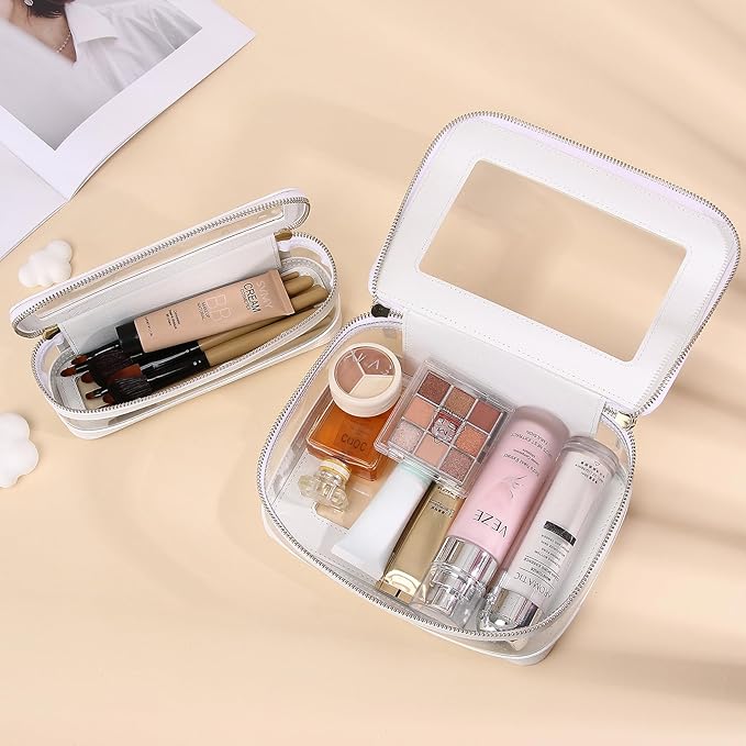 Travel Clear Makeup Bag with Brush Case TSA Approved Toiletry Bag Waterproof Cosmetic Organizer Car Essential for Women (White, M+SLIM)