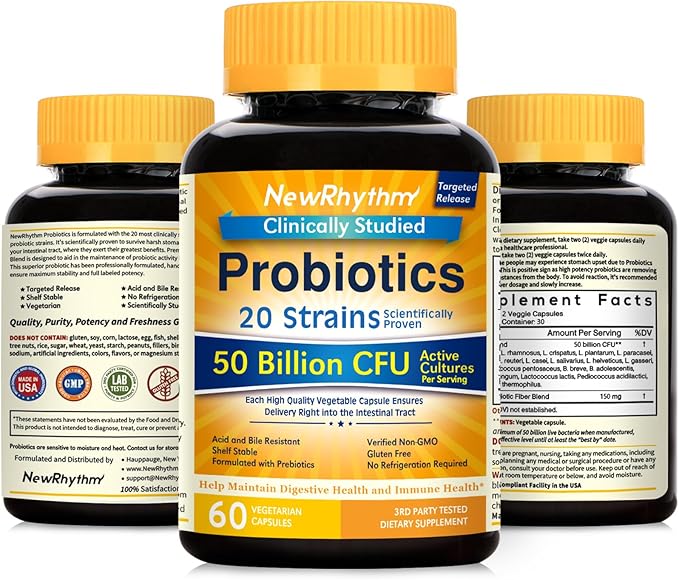 NewRhythm Probiotics 50 Billion CFU 20 Strains, 120 Veggie Capsules, Targeted Release Technology, Stomach Acid Resistant, No Need for Refrigeration, Non-GMO, Gluten Free