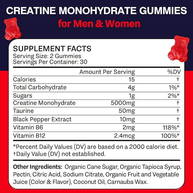 Creatine Monohydrate Gummies for Women & Men, Taurine & B6, Chewable Creatine Pre Workout Gummies for Max Strength & Muscle Growth, Energy, Endurance, Creatine for Men & Women, 5g Per Serving - 1 Pack