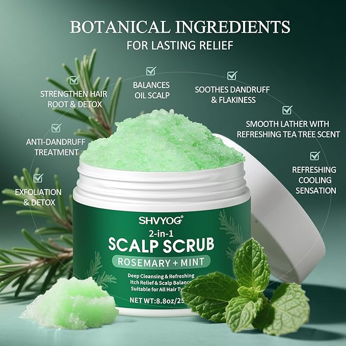 SHVYOG Scalp Scrub, Rosemary Exfoliator Scrub with Peppermint & Sea Salt, Anti-Dandruff Detox Clarifying Exfoliator for Build Up, Itchy Scalp, Oily & Dry Hair with Scalp Massager
