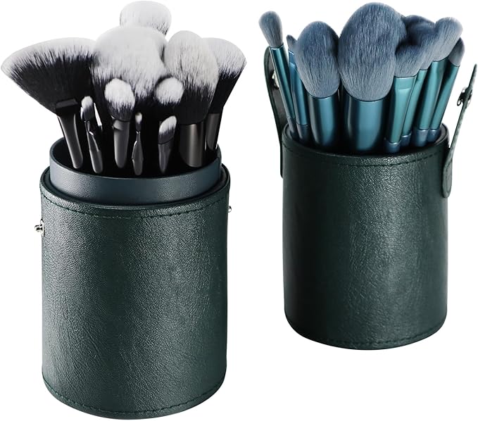 Portable Makeup Brush Case,Pu Leather Makeup Brush Holder with Button,Travel Cup Storage Dustproof Makeup Cosmetic Bags for Women (Dark green)