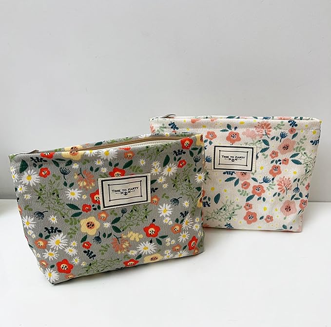 Flower Fabric Makeup Bag for Purse, Vintage Corduroy Cosmetic Pouch Bag, Portable Travel Handbag for Women Girls (Bean green flowers)