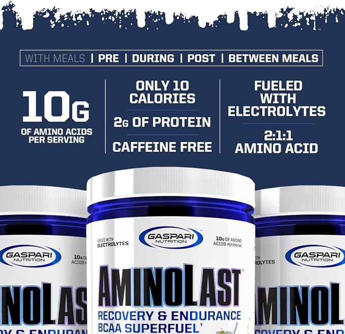 Gaspari Nutrition Aminolast, Recovery and Endurance BCAA Superfuel, 2:1:1 Amino Acid Ratio, Fueled with Electrolytes (30 Servings, Lemon Ice)