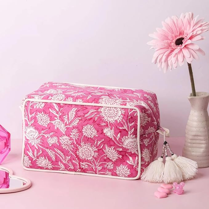 Travel Makeup Bag- Large Capacity Cosmetic Bags for Women - Water Resistance Lining Portable Pouch & Open Toiletry Bag - Perfect Girls Makeup Organizer for Travel Essentials (White & Pink Floral)