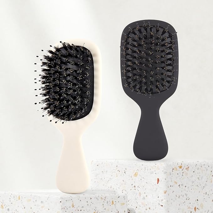 Mini Boar Bristles Hair Bursh, Travel Size Hair Brush for Women Men Kids, Protable Small Hair Brush for Pockets Purses, Mini Detangler Brush for Smooth Add Shine(Black)