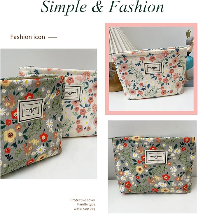 Flower Fabric Makeup Bag for Purse, Vintage Corduroy Cosmetic Pouch Bag, Portable Travel Handbag for Women Girls (Bean green flowers)