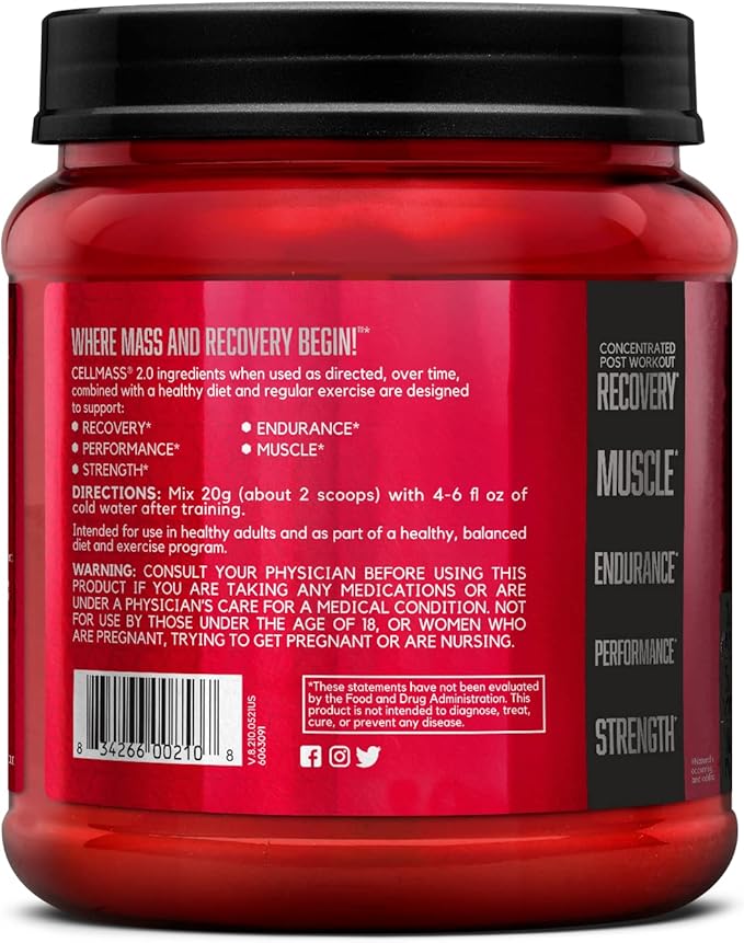 BSN CELLMASS 2.0 Post Workout Recovery with BCAA, Creatine, & Glutamine - Keto Friendly - Blue Raz, (25 Servings)