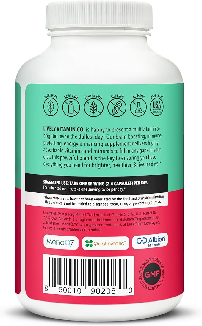 LIVELY VITAMIN CO. Multivitamin - 37 Vitamins Minerals and Extracts - Energy - Memory - Immune Function - Heart- Brain - Focus - Mood - Antioxidants - Dairy Gluten Soy Free - 240 Vegetarian Capsules