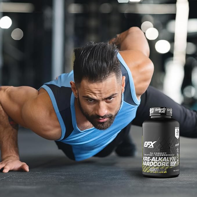EFX Sports Kre-Alkalyn Hardcore | Thermogenic pH Correct Creatine Monohydrate Pill Supplement | Energy & Strength Pre Workout | 60 Servings, 180 Capsules