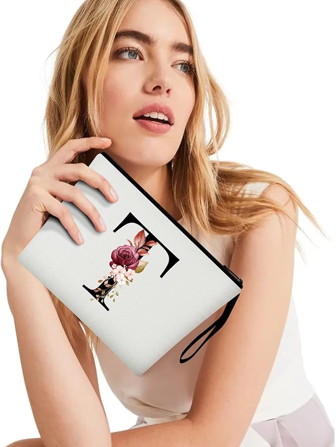 Vavabox A-Z Personalized Makeup Bag, Birthday Gifts for Women Mom, Gifts for Best Friend, Bride Bridesmaid Cosmetic bag (T, White)
