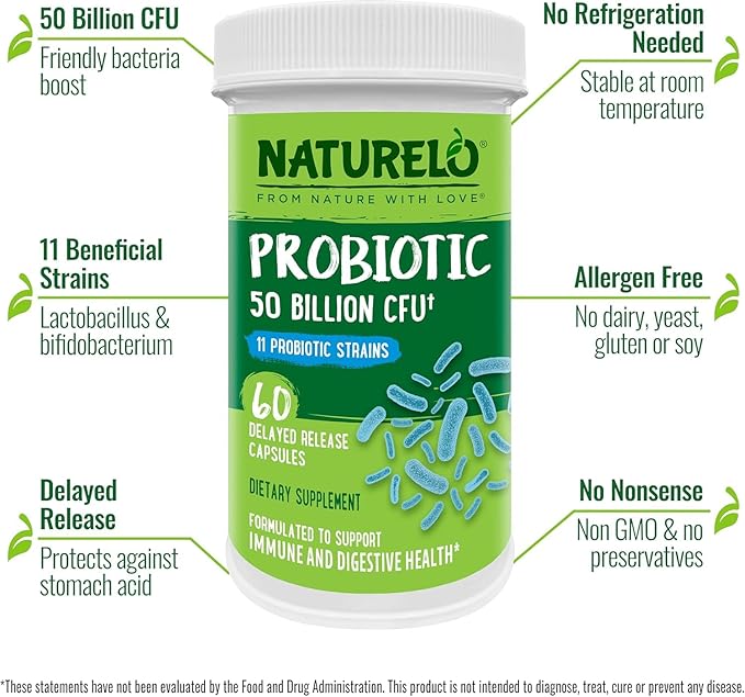 NATURELO Probiotics for Digestive Health - 50 Billion CFU, 11 Strains Daily Supplement - Boosts Immune System, Delayed Release, 60 Vegetarian Capsules