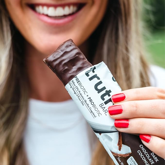 Truth Bar Prebiotic & Probiotic Keto Snack Vegan Bars with Omega-3's - Synbiotic High Fiber Snacks - Low Sugar, Kosher, Gluten Free - Dark Chocolate Coconut (Pack of 12)