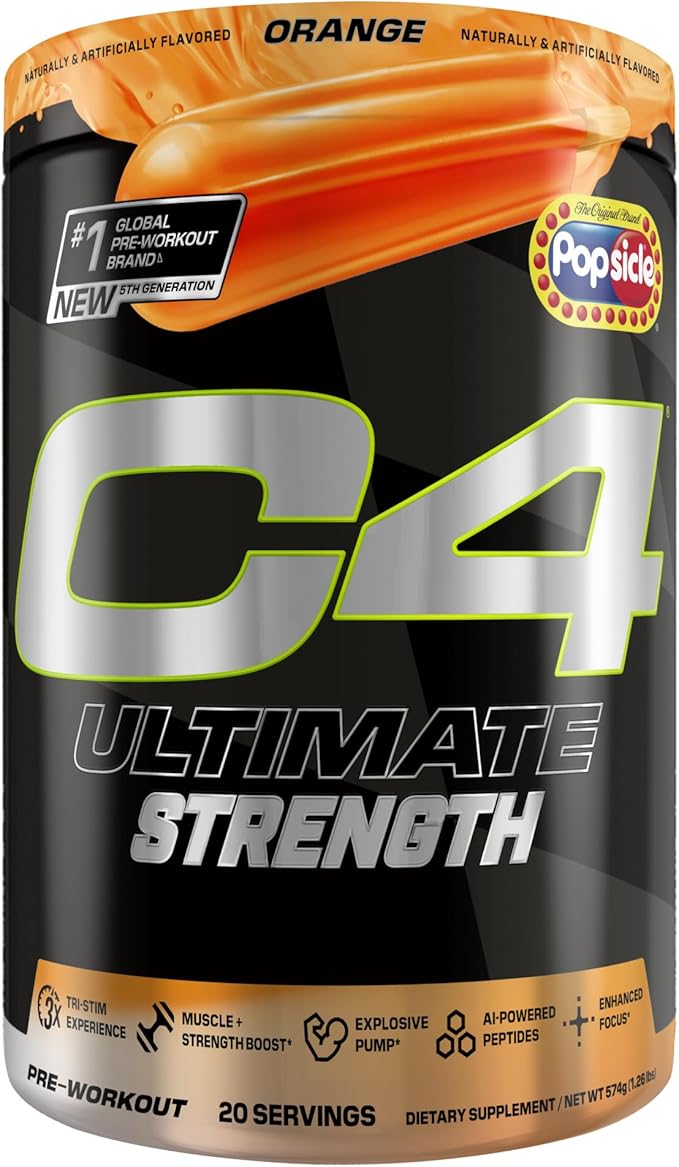 Cellucor C4 Ultimate Strength Pre Workout Powder - Tri-Stim Experience 300mg Caffeine+TeaCrine+Dynamine - Creatine & Beta-Alanine - Energy Supplement for Men & Women - Orange Popsicle, 20 Servings