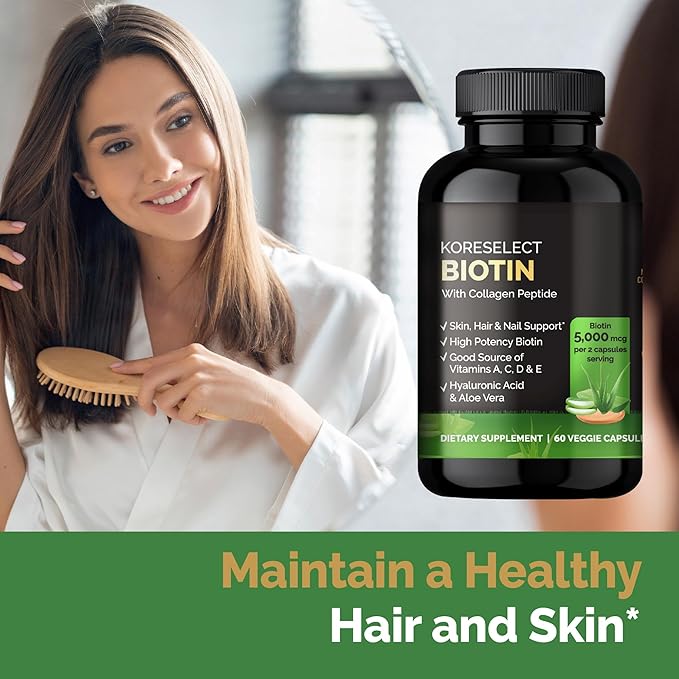 Biotin Collagen Capsules 5000mg, with B7 and Multivitamins, Hyaluronic Acid, Aloe for Men & Women, Hair, Nail, Skin Care, 60 Capsules