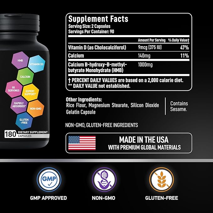 HMB Supplements with Vitamin D3 - 1,000mg Calcium Beta-Hydroxy Beta-Methylbutyrate per Serving for Muscle Growth, Strength & Recovery - 180 Gluten-Free, Non-GMO HMB Capsules, 3-Month Supply