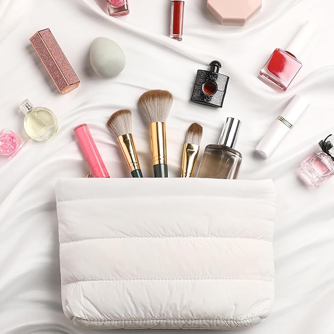 Hillban Puffy Quilted Makeup Bag Quilted Cosmetic Bag Cute Puffer Toiletry Checkered Pouch Aesthetic Travel Makeup Brushes Organizer(White,Classic Stripes)