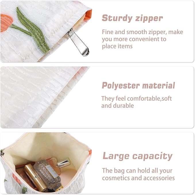 Tulip Makeup Bag Travel Cute Floral Cosmetic Bags for Women Large Embroidery Makeup Pouch Zipper Cosmetic Pouch for Purse Aesthetic Make up Organizer Bag Portable Toiletry Bag