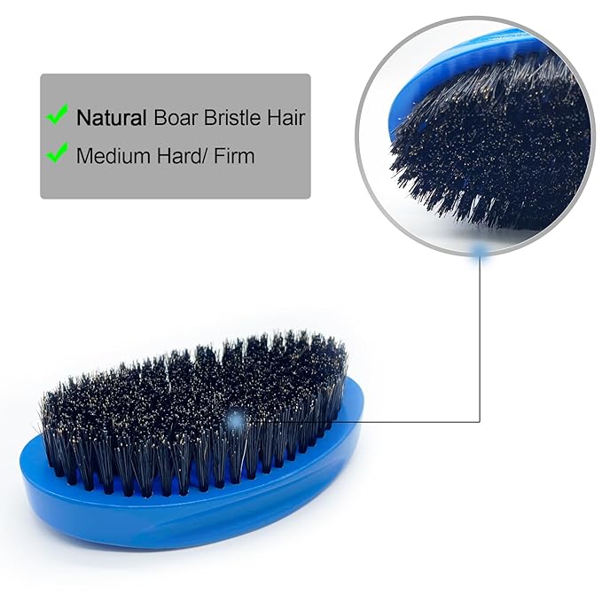 Wave Brush 360 Degree Curved for Men - Medium Hard Hair Brushes, Natural Palm Brush with Boar Bristles Firm Nylon for Wavy Hair Routine Brushing (Blue)