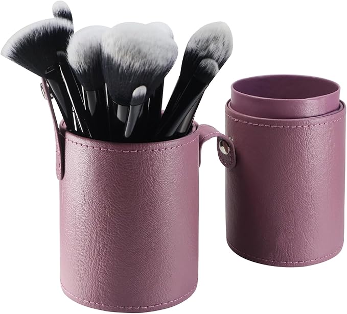 Portable Makeup Brush Case,Pu Leather Makeup Brush Holder with Button,Travel Cup Storage Dustproof Makeup Cosmetic Bags for Women (Purple)