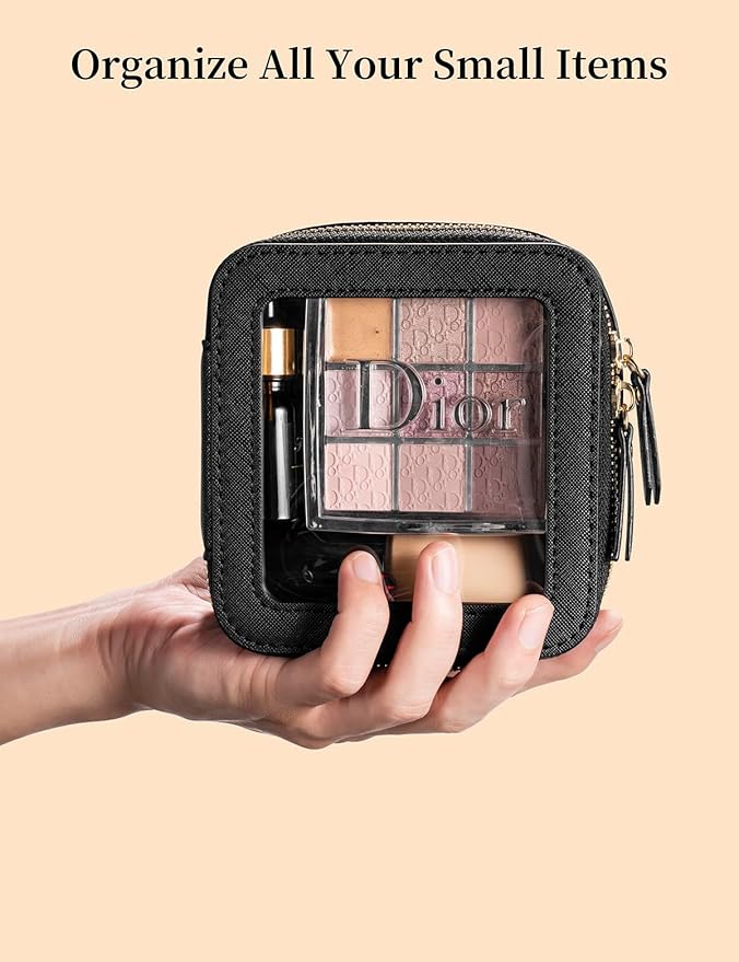 Mini Makeup Bag for Purse - Clear Travel Leather Toiletry Bag with Zipper - Car Organizer Bag - Small Waterproof Cosmetic Organizer Case for On-the-Go Essentials (Orange brown)