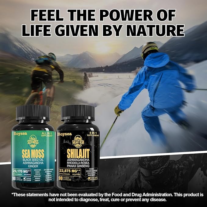 Boysea.Shilajit and Sea Moss Bundle - Sea Moss (7000mg), Ashwagandha (2000mg), Black Seed Oil (4000mg), Ginger & Shilajit (9000mg), Rhodiola Rosea (1000mg) – 90 Count (3 Pack)