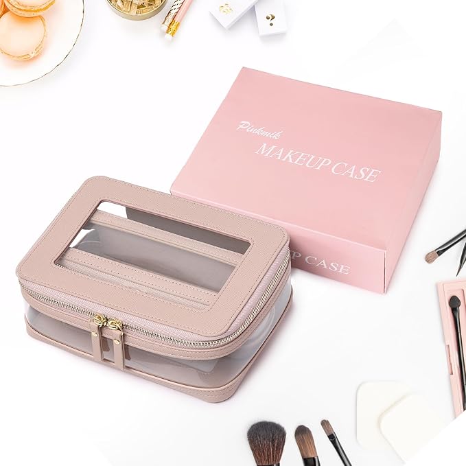 Travel Clear Makeup Bag with Brush Case TSA Approved Toiletry Bag Waterproof Cosmetic Organizer Car Essential for Women (Pink, M+SLIM)