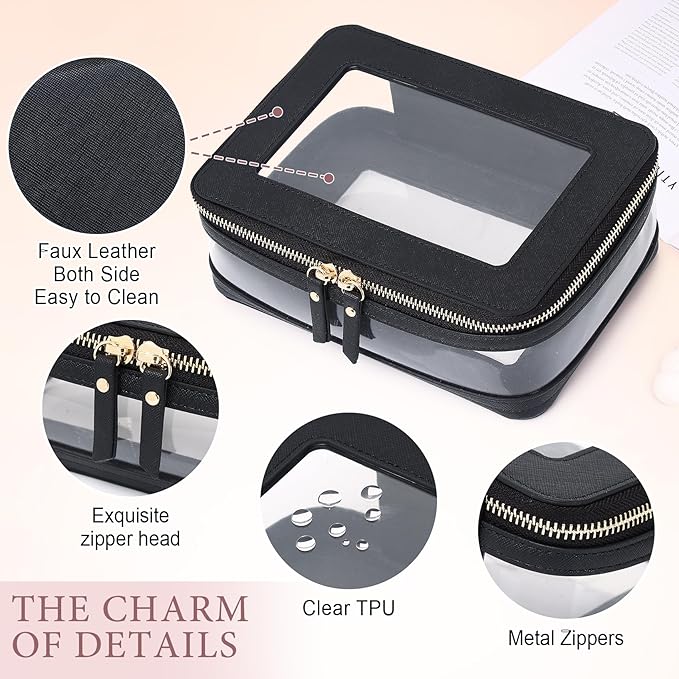 Travel Clear Makeup Bag with Brush Case TSA Approved Toiletry Bag Waterproof Cosmetic Organizer Car Essential for Women (Black, M+SLIM)