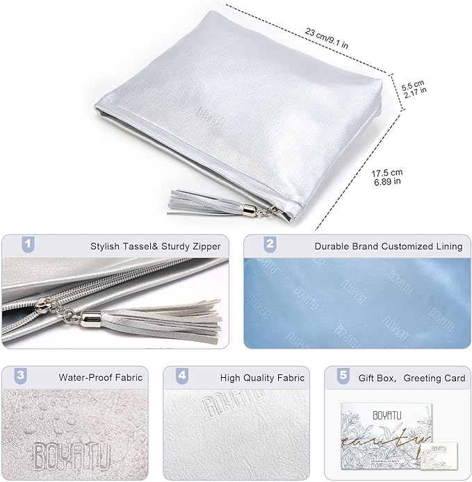 BOYATU Makeup Pouch Small Cosmetic Bag: Cute Pouches for Purse with Tassel - Letter Makeup Bags - Valentine's Day Gifts for Teen Girl (07-Leather Silver)
