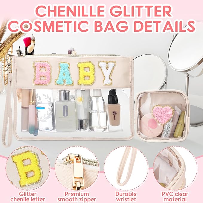 Hillban 2 Pcs Baby Bag Set Chenille Letter Bags Preppy Patch Makeup Pouch Baby Travel Pouch Waterproof Portable Toiletry Storage for Women Mom