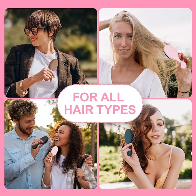 Mini Boar Bristles Hair Bursh, Travel Size Hair Brush for Women Men Kids, Protable Small Hair Brush for Pockets Purses, Mini Detangler Brush for Smooth Add Shine (1 Pack-Pink)
