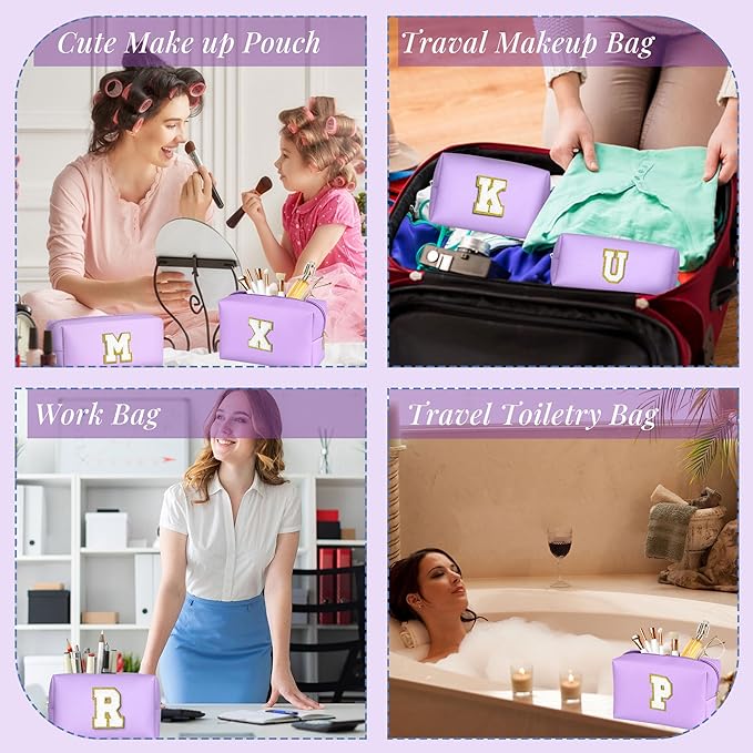 TOPEAST Initial Cosmetic Bag, 2 PCS Makeup Pouch Makeup Organizer Bag PU Leather Chenille Letters Waterproof Travel Toiletry Bag Personalized Birthday Gifts for Mom Grandma, Purple A